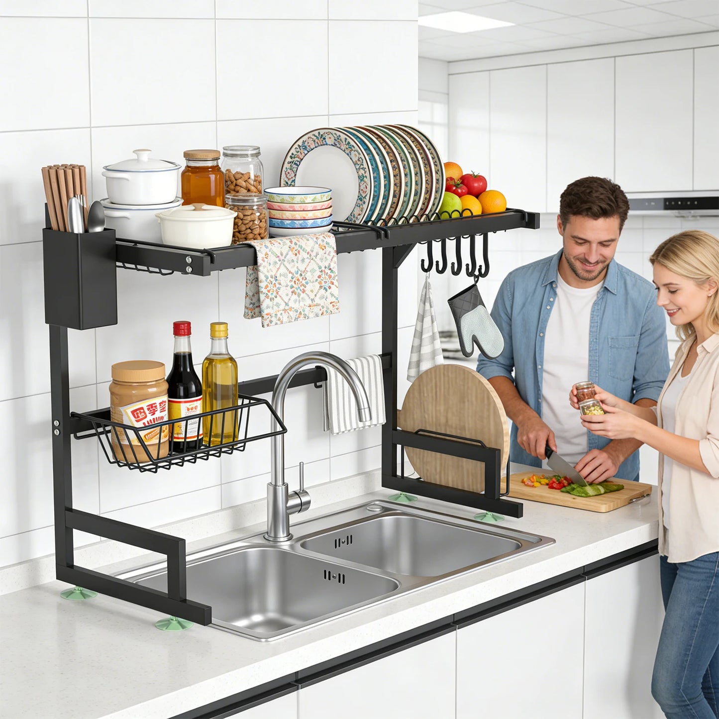 Dish Rack Above Sink - Two-Tier Large Capacity Draining Rack with Knife and Utensil Holder Home Decor