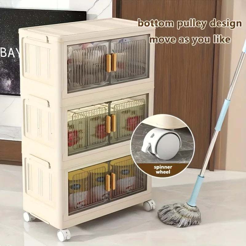 Stackable Practical Storage Cabinet with Doors and Wheels - Spacious Multi-functional Plastic Organizer - Practical Storage Rack