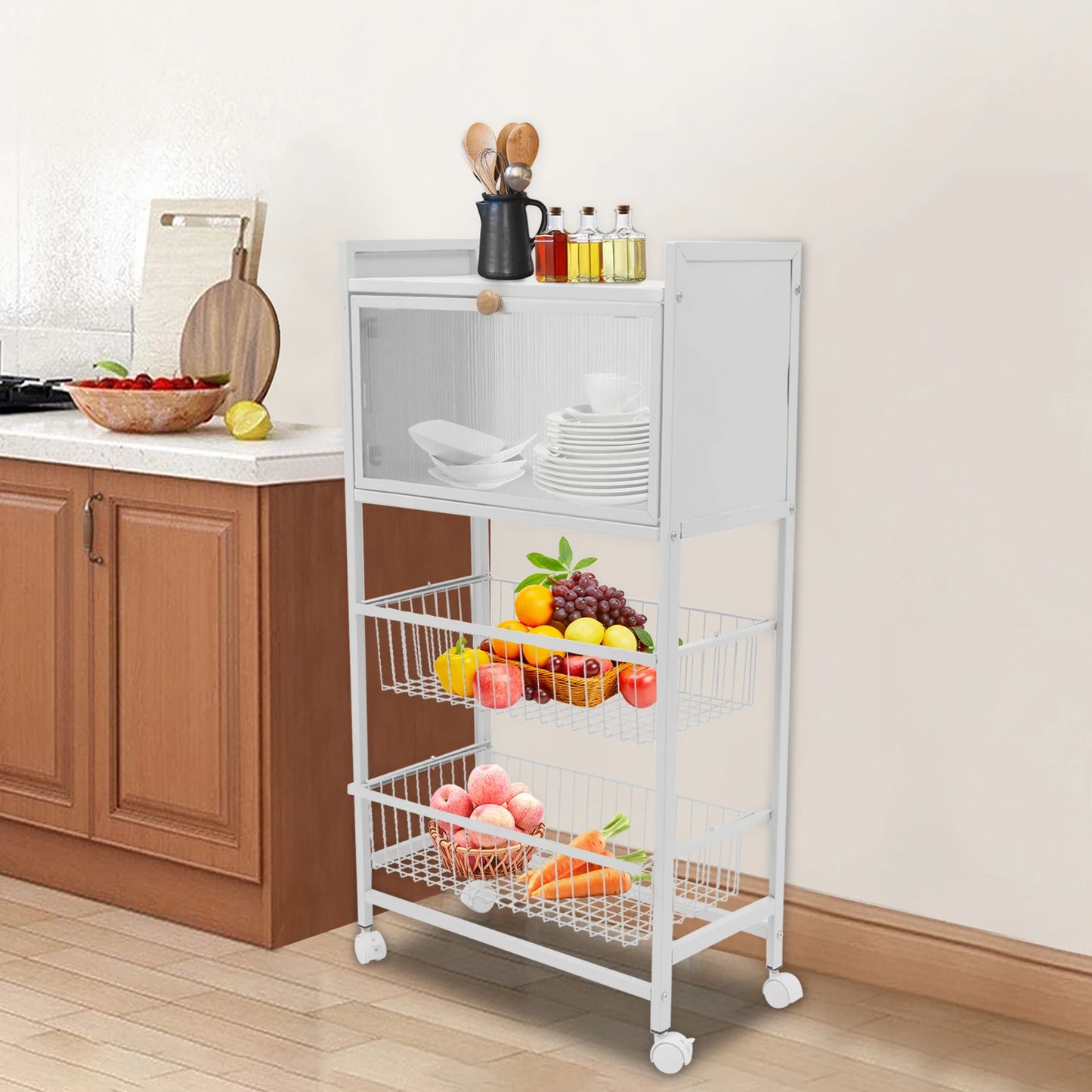 4-Storey Kitchen Storage Rack 55x27.5x96.5cm with Brake Casters Black/White - Organization Solution for Your Kitchen