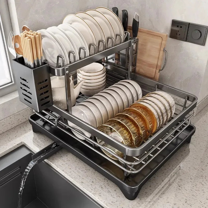 Stainless Steel Dish Drying Rack with Drainboard, Over Sink Plate Organizer for Kitchen Storage & Organization