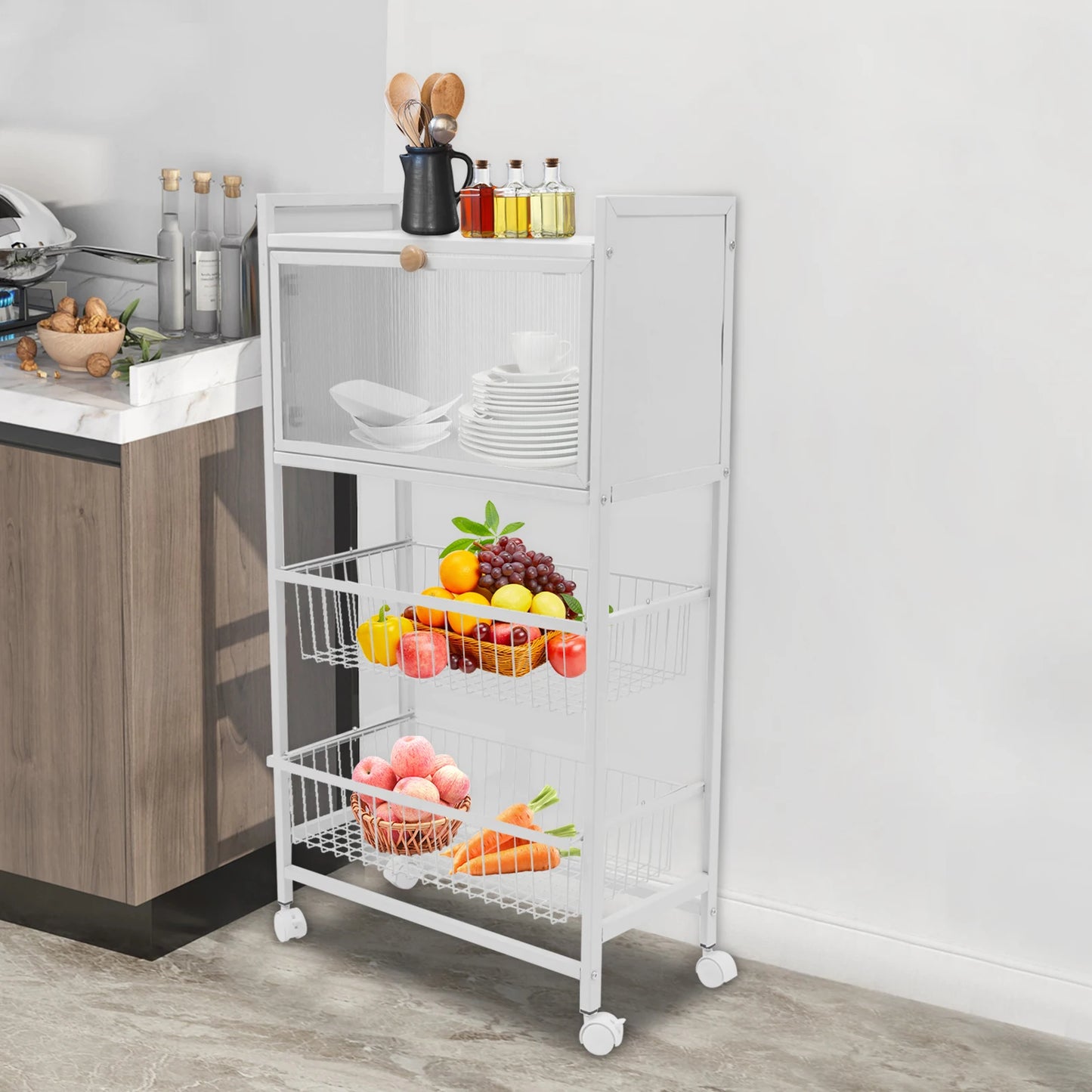 4-Storey Kitchen Storage Rack 55x27.5x96.5cm with Brake Casters Black/White - Organization Solution for Your Kitchen